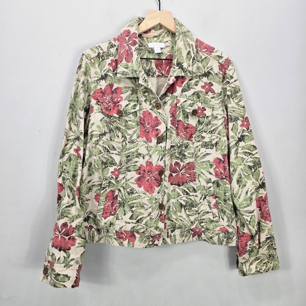 Charter Club Womens Floral Denim Trucker Jacket XL Tropical‎ Resortwear Hawaiian